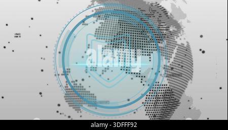 Displaying cyan concentric HUD overlay at center, showing dotted halftone globe, shield icon Stock Photo