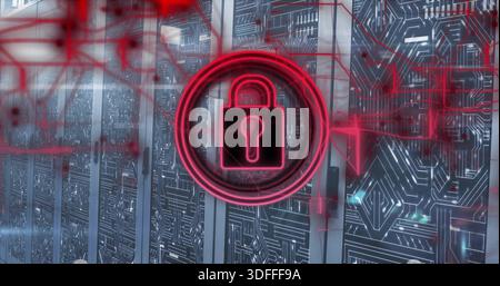 Hovering neon red lock icon projecting network lines over server racks in data center, LED lights Stock Photo
