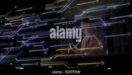 Connecting woman tech holding device at rack in light shirt, lanyard with holograms, copy space Stock Photo