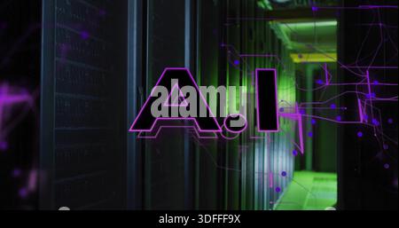 Glowing neon AI graphic casting circuit lines in dark data center aisle, reflecting server racks Stock Photo