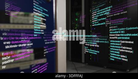 Displaying glass-front server racks with stacked chassis and code reflections in data center aisle Stock Photo