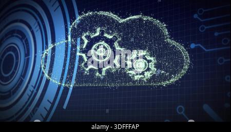 Displaying holographic cloud icon forming from particles in virtual interface, with two gears Stock Photo