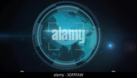 Displaying holographic globe with eye icon in virtual interface, showing HUD rings and scan beam Stock Photo