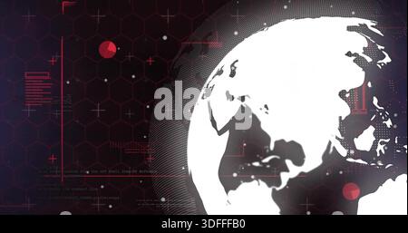 Rotating stylized white globe on right over hex-grid in cyber interface, showing red HUD elements Stock Photo