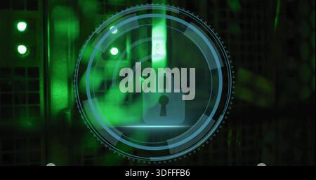 Displaying translucent HUD with concentric rings, arcs and padlock hovering over server racks Stock Photo