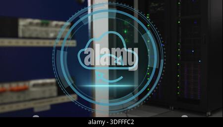 Projecting blue cloud sync HUD over server racks in data center, showing orange cable bundle Stock Photo