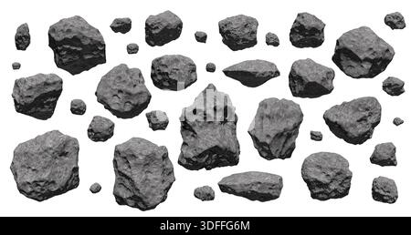Meteorites, stones, rocks, boulders, asteroids floating in the air isolated on white background. A group of broken rocks and stones flying on space. Stock Photo