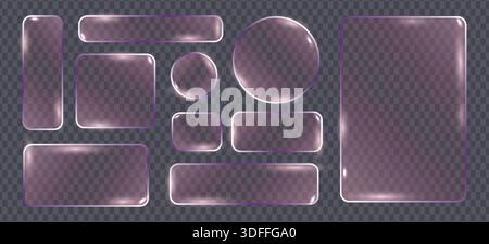 Abstract violet glassmorphism interface elements with transparent glossy effect. Modern UI assets for apps, websites, presentations and digital backgr Stock Vector