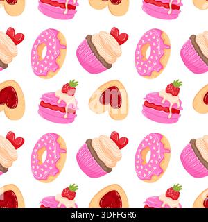 Seamless pattern with Valentine day dessert, donut, cupcake, macaron and heart shaped cookie. Perfect for gift wrapping, card, textile and romantic Stock Vector