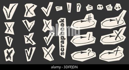 Sketch style checkmarks and hand drawn boxes with tick symbols. Crayon marks, crosses, and doodle icons for creative list illustrations Grunge chalk Stock Vector