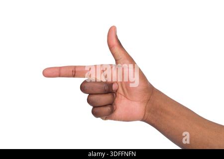 Palm of black man the index finger points forward on isolated white background Stock Photo