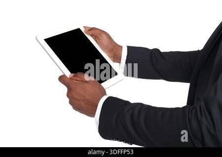 Holding and pointing to blank screen on tablet Stock Photo