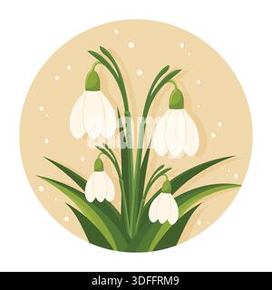 Spring snowdrops blooming in snow circle flat vector illustration isolated. Stock Vector