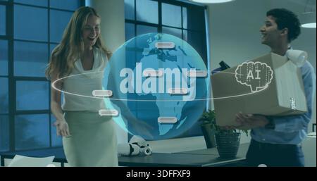 Displaying holographic globe and chat UI in tech office, woman white blouse, man holding box Stock Photo
