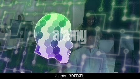 Displaying hex head silhouette hovering at office, with circuit overlay and coworkers in collars Stock Photo