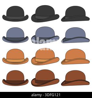 Set of color illustrations with classic bowler hat. Isolated vector objects on white background. Stock Vector