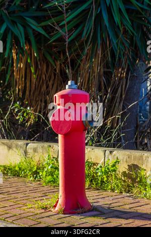 Red Fire Hydrant Stands Boldly On City Sidewalk Against Gray Wall, Creating Striking Urban Contrast Stock Photo