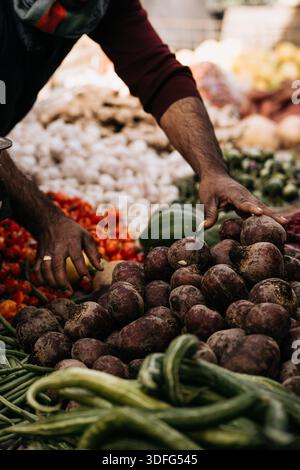 Fresh Seasonal Vegetables At Traditional Market Stall: Artichokes, Beans, Potatoes, And Root Vegetables Displayed In Abundant Mediterranean Food Marke Stock Photo