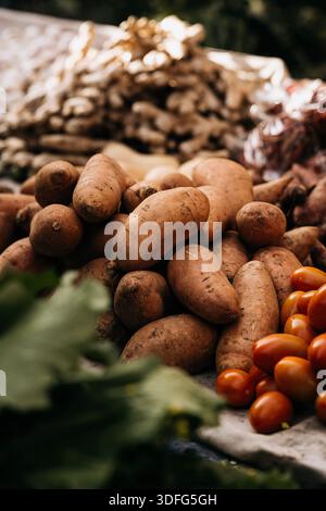 Fresh Seasonal Vegetables At Traditional Market Stall: Artichokes, Beans, Potatoes, And Root Vegetables Displayed In Abundant Mediterranean Food Marke Stock Photo
