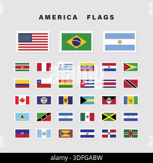 Set of America Flags with Postage Stamp Shape Stock Vector