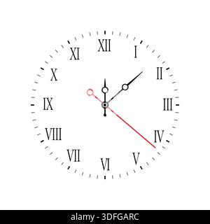 Clock Face with Hour, Minute and Second Hands Isolated on White Background Stock Vector