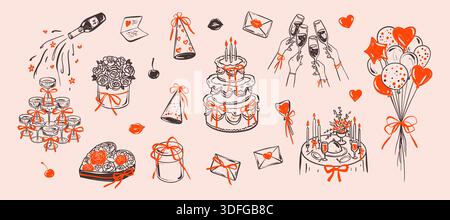 Doodle quirky whimsical girly birthday, bachelorette party elements set with coquette pink bows. Hand drawn birthday candle cake and hat, heart balloo Stock Vector