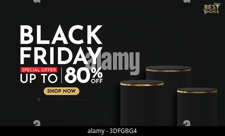 Modern Black Friday Super Sale Banner with Three Gradient Podiums Stock Vector