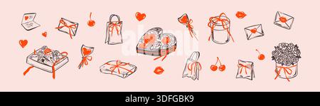 Doodle Valentines day, girly feminine birthday celebration, bachelorette party, bridal shower, wedding gift boxes with whimsical coquette ribbon bow, Stock Vector