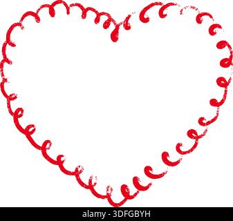 Cute hand drawn crayon doodle heart frame. Scalloped whimsical children freehand drawing border in heart shape. Valentines day, wedding, bachelorette Stock Vector
