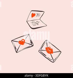 Doodle romantic love letter with heart and lips kiss. Hand drawn sketch closed envelope. Whimsical coquette valentine mail, open card, greeting. Stock Vector