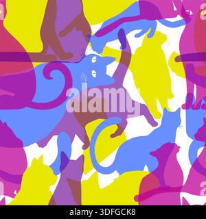 Cute pattern with different cats. Seamless background with colorful cats vector print with flat cats. Hand drawn. Not AI, Stock Vector