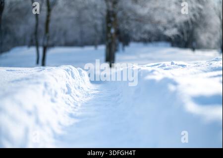 Snow-covered path with soft blurred background. Minimal winter scene, cold season texture, clean background with copy space Stock Photo