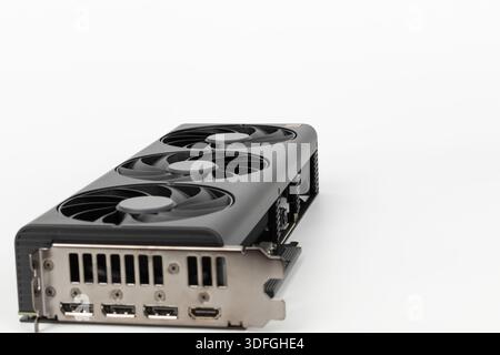 Close up of fan 2,5 slot graphics card for creators and gamers for desktop PC, on white background Stock Photo