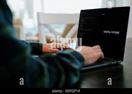 Middle Aged Coder Man Vibe Coding in Artificial Intelligence Infused Integrated Development Environment - Software Engineer Uses AI Based IDE Concept Stock Photo