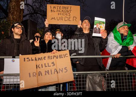 Iranian Embassy, London, UK. 12th January 2026. Activists and members of the Iranian community hold placards in front of the Iranian Embassy in London as reports of mass killings of protesters filter through, despite the communication blackout in Iran. The Government cut internet services and phone lines in Iran on the 8th Jan, in an attempt to hide the extent of the protests and proof of mass killings reaching the wider world. Credit: Amanda Rose/Alamy Live News Stock Photo