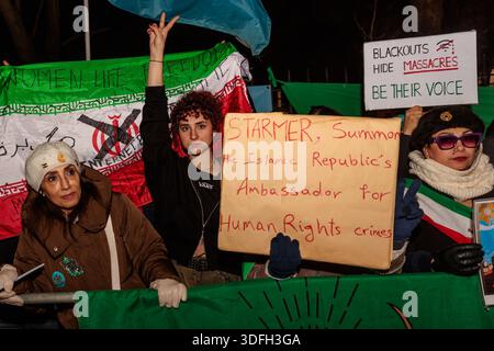 Iranian Embassy, London, UK. 12th January 2026. Activists and members of the Iranian community hold placards in front of the Iranian Embassy in London as reports of mass killings of protesters filter through, despite the communication blackout in Iran. The Government cut internet services and phone lines in Iran on the 8th Jan in an attempt to hide the extent of the protests and proof of mass killings reaching the wider world. Credit: Amanda Rose/Alamy Live News Stock Photo