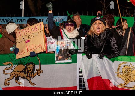 Iranian Embassy, London, UK. 12th January 2026. Activists and members of the Iranian community hold placards in front of the Iranian Embassy in London as reports of mass killings of protesters filter through, despite the communication blackout in Iran. The Government cut internet services and phone lines in Iran on the 8th Jan, in an attempt to hide the extent of the protests and proof of mass killings reaching the wider world. Credit: Amanda Rose/Alamy Live News Stock Photo