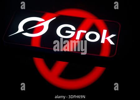 Brussels, Belgium. 12th Jan, 2026. The Grok logo is displayed on a mobile phone in this photo illustration. X AI has faced criticism following reports that its AI tool Grok has been misused to create sexualised content, prompting concerns over safeguards and regulation. Taken in Brussels, Belgium, on 12 January 2026. (Jonathan Raa/Sipa USA) *** Strictly for editorial news purposes only *** Credit: Sipa USA/Ģ����ý Live News Stock Photo