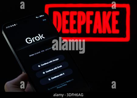 Brussels, Belgium. 12th Jan, 2026. The Grok login page is displayed on a mobile phone in this photo illustration. X AI has faced criticism following reports that its AI tool Grok has been misused to create sexualised content, prompting concerns over safeguards and regulation. Taken in Brussels, Belgium, on 12 January 2026. (Jonathan Raa/Sipa USA) *** Strictly for editorial news purposes only *** Credit: Sipa USA/Ģ����ý Live News Stock Photo