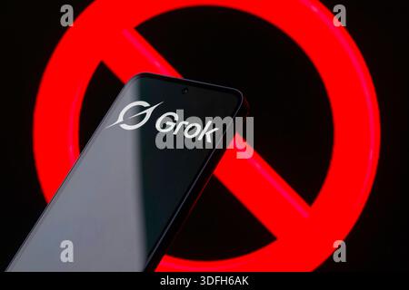 Brussels, Belgium. 12th Jan, 2026. The Grok logo is displayed on a mobile phone in this photo illustration. X AI has faced criticism following reports that its AI tool Grok has been misused to create sexualised content, prompting concerns over safeguards and regulation. Taken in Brussels, Belgium, on 12 January 2026. (Jonathan Raa/Sipa USA) *** Strictly for editorial news purposes only *** Credit: Sipa USA/Ģ����ý Live News Stock Photo