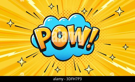 Pow Pop Art Comic Explosion Background Cloud Speech Bubble with Manga Speed Rays, Star Sparkles, Thunderbolts on Bright Yellow Halftone Burst Bg for Fun Retro Design. Vector Illustration Stock Vector