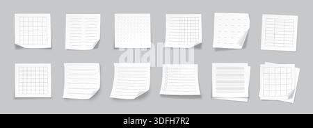 Realistic Paper Note Memo Sheets Set with Lined, Dotted Grid, Table Layouts. Blank Square White Notebook Pages for To Do List Planning, Study Tasks. Professional Paper Notes Pack. Vector Illustration Stock Vector