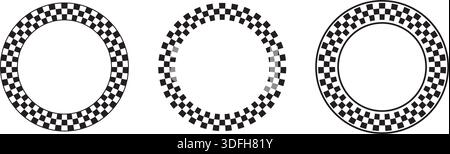 Set of round frames with black and white checkered print isolated on white background. Vignettes with race flag or chessboard pattern. Circular Stock Vector
