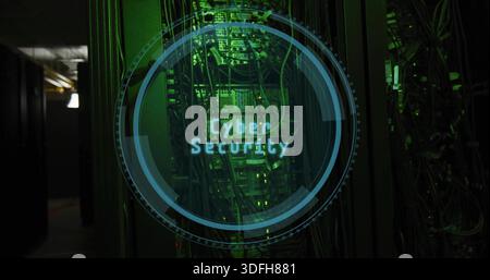Showing central server rack projecting Cyber Security HUD inside dim data center aisle with cables Stock Photo