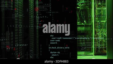 Displaying semi-transparent C++ code overlay over data center aisle, with server racks and cables Stock Photo
