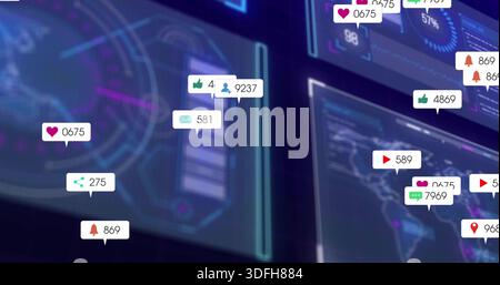 Displaying translucent dashboard panels in virtual control hub with HUD and floating alert bubbles Stock Photo