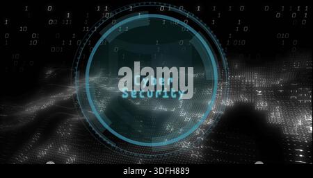 Displaying teal circular HUD with Cyber Security text centered in data landscape, forming grids Stock Photo