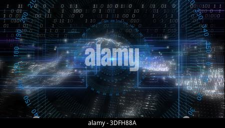 Pulsing data core projecting streaming ribbon in cyberspace, circular HUD, binary digits, gridlines Stock Photo