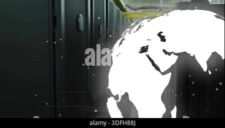 Displaying stylized globe graphic on right in data center, showing server cabinets and code dots Stock Photo