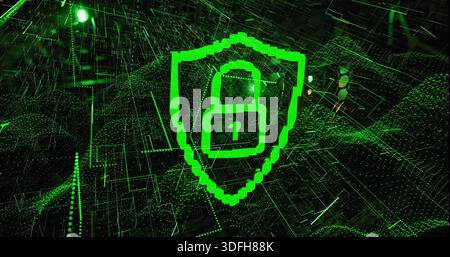 Floating neon green pixel shield bearing lock icon hovering in virtual space with glowing mesh dots Stock Photo